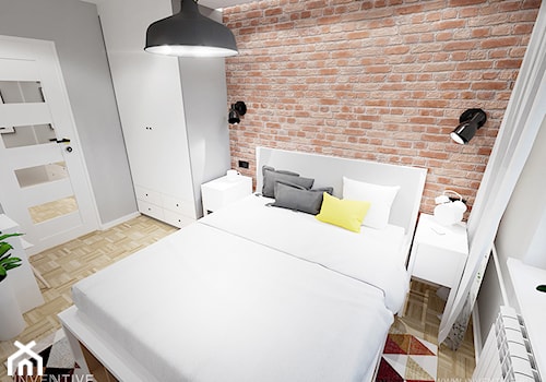 RETRO AKCENTY - Mała beżowa szara z biurkiem sypialnia, styl nowoczesny - zdjęcie od INVENTIVE studio