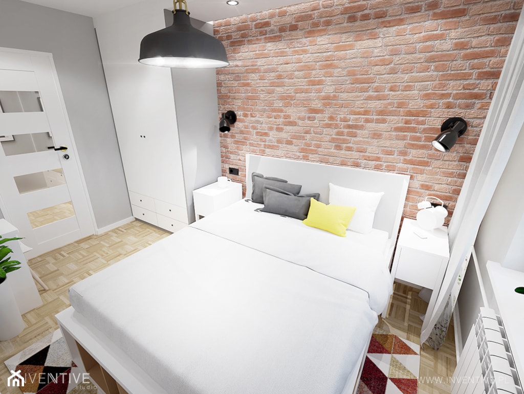 RETRO AKCENTY - Mała beżowa szara z biurkiem sypialnia, styl nowoczesny - zdjęcie od INVENTIVE studio - Homebook