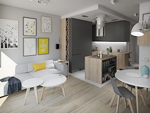 MĘSKI PUNKT WIDZENIA - Mała otwarta z salonem biała szara z zabudowaną lodówką kuchnia w kształcie litery l, styl minimalistyczny - zdjęcie od INVENTIVE studio