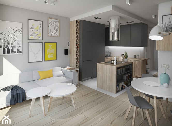 MĘSKI PUNKT WIDZENIA - Mała otwarta z salonem biała szara z zabudowaną lodówką kuchnia w kształcie litery l, styl minimalistyczny - zdjęcie od INVENTIVE studio