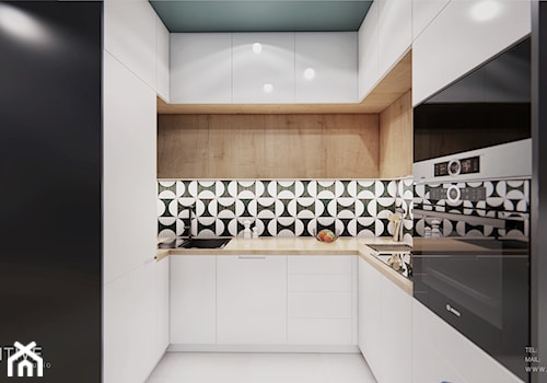 WARSZAWA URSYNÓW - Mała otwarta biała czarna z zabudowaną lodówką z nablatowym zlewozmywakiem kuchnia w kształcie litery u, styl nowoczesny - zdjęcie od INVENTIVE studio