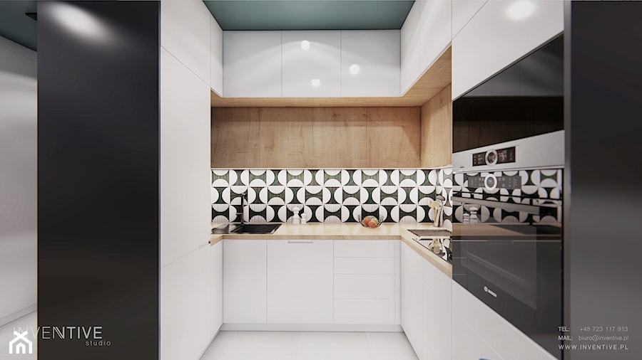 WARSZAWA URSYNÓW - Mała otwarta biała czarna z zabudowaną lodówką z nablatowym zlewozmywakiem kuchnia w kształcie litery u, styl nowoczesny - zdjęcie od INVENTIVE studio