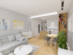 PRZYTULNY MINIMALIZM - Średni biały szary salon z kuchnią z jadalnią, styl minimalistyczny - zdjęcie od INVENTIVE studio