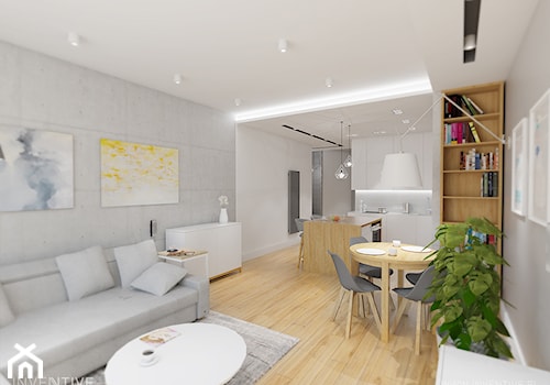 PRZYTULNY MINIMALIZM - Średni biały szary salon z kuchnią z jadalnią, styl minimalistyczny - zdjęcie od INVENTIVE studio