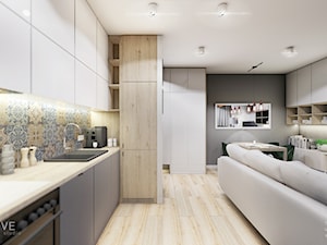 MIESZKANIE REMBERTÓW - Średnia z salonem z zabudowaną lodówką z podblatowym zlewozmywakiem kuchnia jednorzędowa, styl minimalistyczny - zdjęcie od INVENTIVE studio