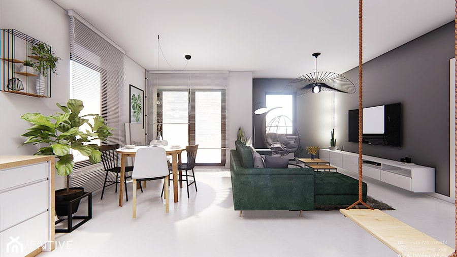 GDYNIA - Średni biały szary salon z kuchnią z jadalnią, styl minimalistyczny - zdjęcie od INVENTIVE studio