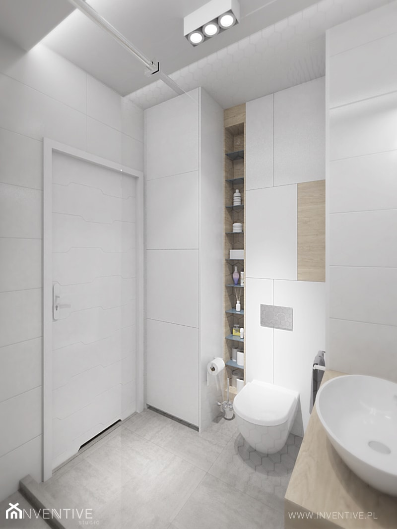 DELIKATNIE - Mała na poddaszu bez okna z punktowym oświetleniem łazienka, styl minimalistyczny - zdjęcie od INVENTIVE studio