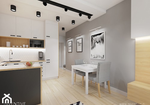 KONTRASTY - Średnia z salonem biała szara z zabudowaną lodówką z podblatowym zlewozmywakiem kuchnia w kształcie litery u, styl nowoczesny - zdjęcie od INVENTIVE studio