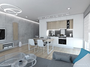 WESOŁY MINIMALIZM - Średnia otwarta z salonem z kamiennym blatem biała szara z zabudowaną lodówką z podblatowym zlewozmywakiem kuchnia jednorzędowa z oknem, styl minimalistyczny - zdjęcie od INVENTIVE studio