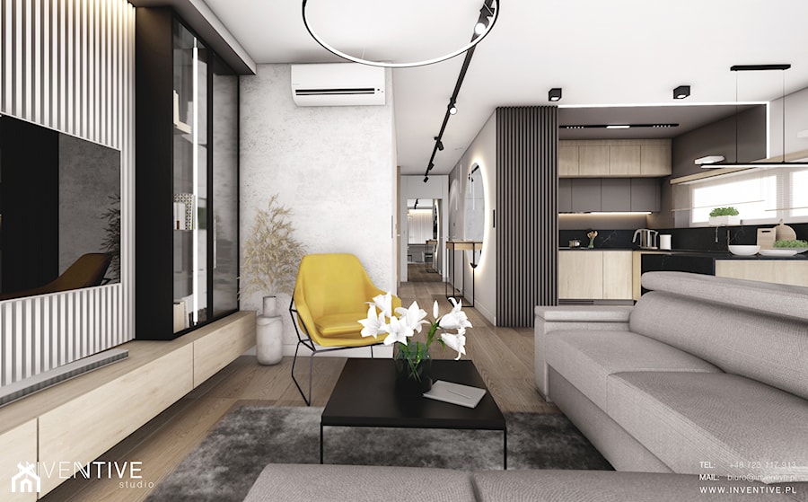 KRAKÓW - Średni biały salon z kuchnią, styl nowoczesny - zdjęcie od INVENTIVE studio