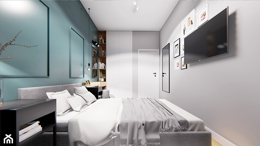 WARSZAWA URSYNÓW - Średnia szara zielona sypialnia, styl nowoczesny - zdjęcie od INVENTIVE studio