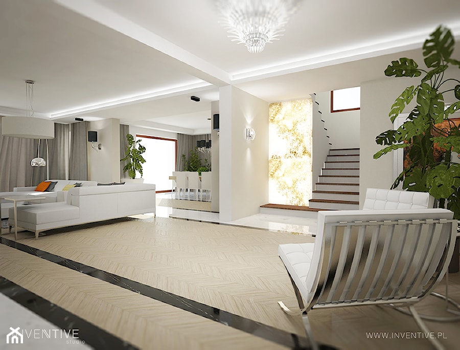 ART DECO - Duży biały salon z jadalnią, styl glamour - zdjęcie od INVENTIVE studio