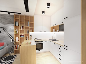 KONTRASTY - Średnia otwarta z salonem biała z zabudowaną lodówką z nablatowym zlewozmywakiem kuchnia w kształcie litery u, styl nowoczesny - zdjęcie od INVENTIVE studio