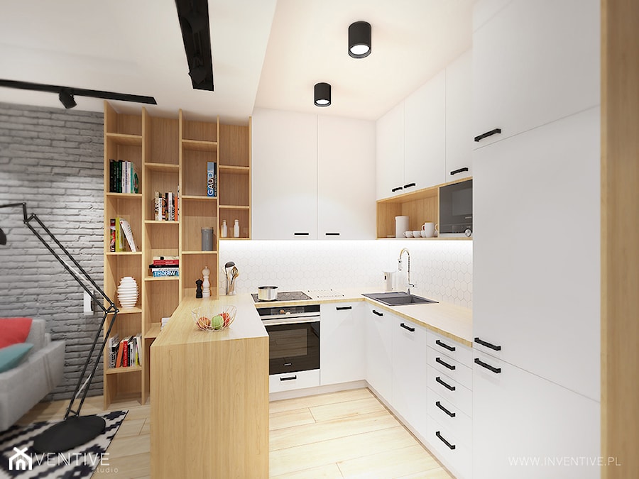 KONTRASTY - Średnia otwarta z salonem biała z zabudowaną lodówką z nablatowym zlewozmywakiem kuchnia w kształcie litery u, styl nowoczesny - zdjęcie od INVENTIVE studio