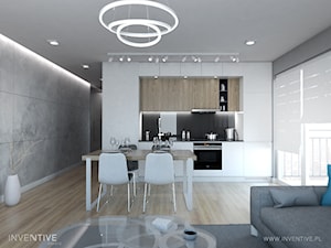 WESOŁY MINIMALIZM - Mała z salonem szara z zabudowaną lodówką z podblatowym zlewozmywakiem kuchnia jednorzędowa z oknem, styl minimalistyczny - zdjęcie od INVENTIVE studio