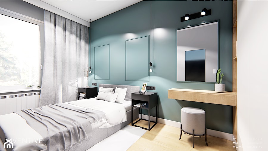 WARSZAWA URSYNÓW - Średnia szara zielona z biurkiem sypialnia, styl nowoczesny - zdjęcie od INVENTIVE studio