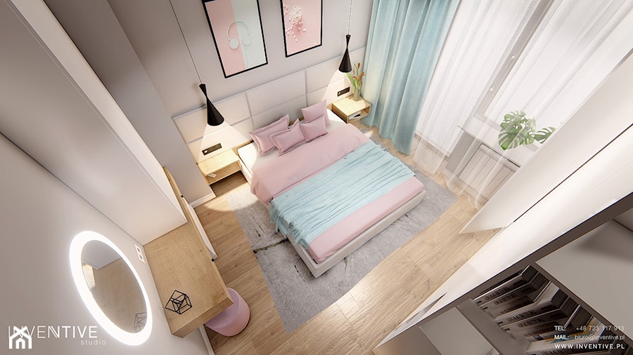 DOM BIAŁOŁĘKA - Średnia biała szara sypialnia z balkonem / tarasem, styl nowoczesny - zdjęcie od INVENTIVE studio