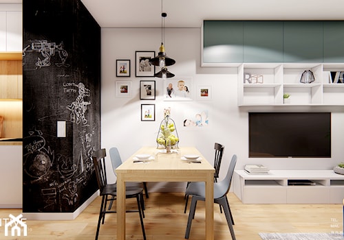 Warszawa Targówek - Średni biały czarny salon z kuchnią z jadalnią, styl nowoczesny - zdjęcie od INVENTIVE studio