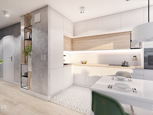 MIESZKANIE KRAKÓW - Średnia z salonem biała kuchnia w kształcie litery l z oknem, styl minimalistyc ... - zdjęcie od INVENTIVE studio