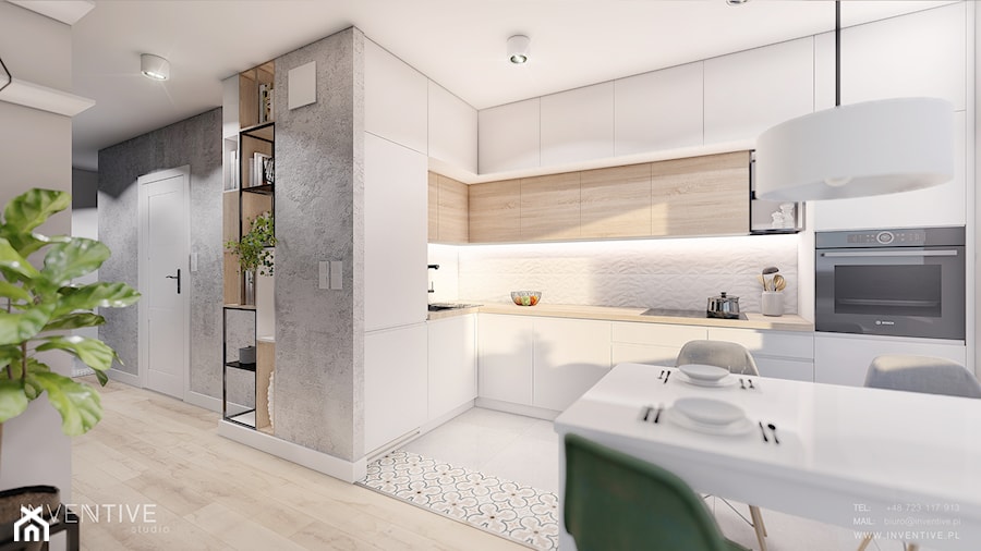 MIESZKANIE KRAKÓW - Średnia z salonem biała z zabudowaną lodówką z podblatowym zlewozmywakiem kuchnia w kształcie litery l z oknem, styl minimalistyczny - zdjęcie od INVENTIVE studio