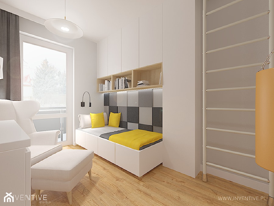 MIESZKANIE DWUPOZIOMOWE z miętowym akcentem - Średnia biała szara sypialnia, styl skandynawski - zdjęcie od INVENTIVE studio