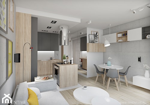 MĘSKI PUNKT WIDZENIA - Mały biały szary salon z kuchnią z jadalnią, styl minimalistyczny - zdjęcie od INVENTIVE studio