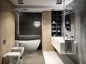 DOM W PŁOCKU - Średnia bez okna z lustrem z dwoma umywalkami z marmurową podłogą z punktowym oświetleniem łazienka, styl nowoczesny - zdjęcie od INVENTIVE studio