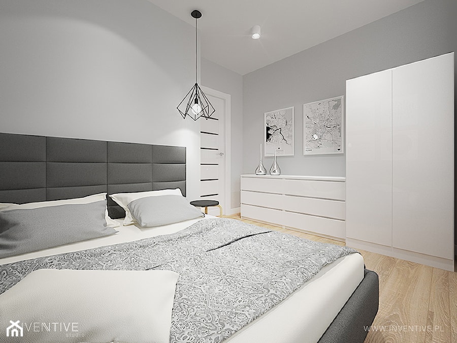 PROJEKT DOMU - Duża biała szara sypialnia, styl minimalistyczny - zdjęcie od INVENTIVE studio