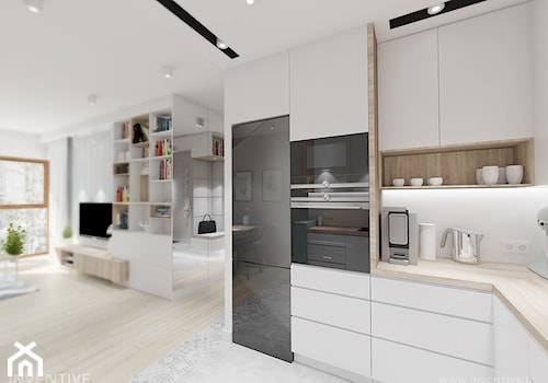 pasteLOVE - Średnia otwarta z salonem z zabudowaną lodówką kuchnia w kształcie litery l, styl skandynawski - zdjęcie od INVENTIVE studio