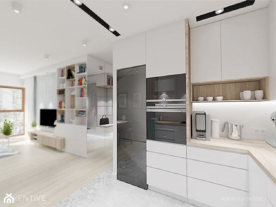 pasteLOVE - Średnia otwarta z salonem z zabudowaną lodówką kuchnia w kształcie litery l, styl skandynawski - zdjęcie od INVENTIVE studio
