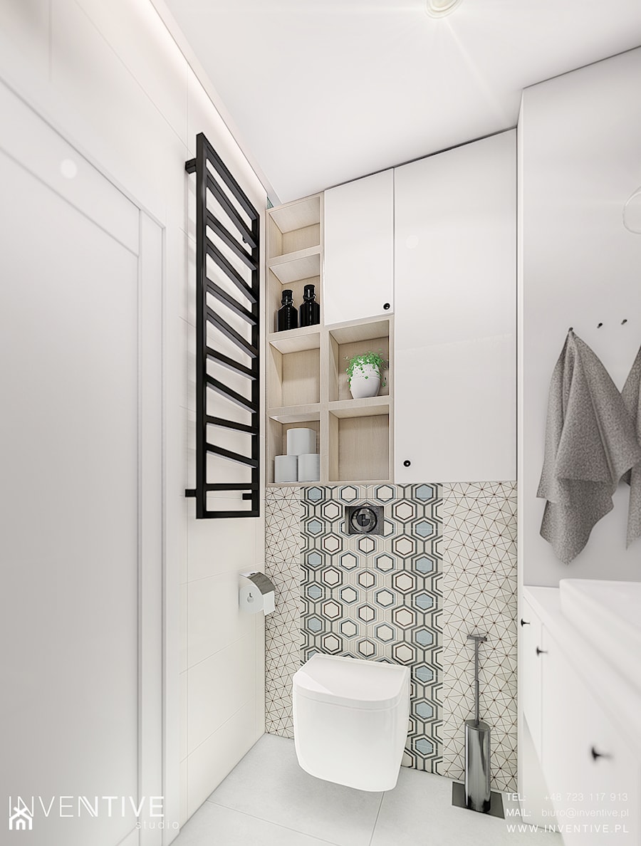 MIESZKANIE URSUS - dwa poziomy - Mała bez okna z punktowym oświetleniem łazienka, styl nowoczesny - zdjęcie od INVENTIVE studio