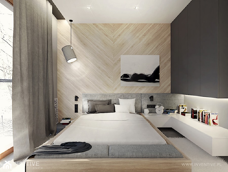 HARMONIJNIE - Średnia biała szara sypialnia, styl nowoczesny - zdjęcie od INVENTIVE studio