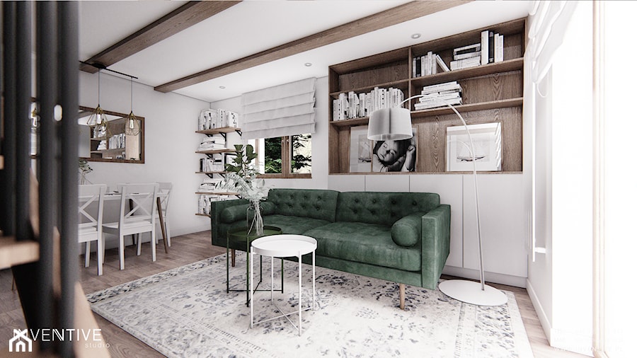 DOM CELESTYNÓW - Średni biały salon z jadalnią z bibiloteczką, styl tradycyjny - zdjęcie od INVENTIVE studio