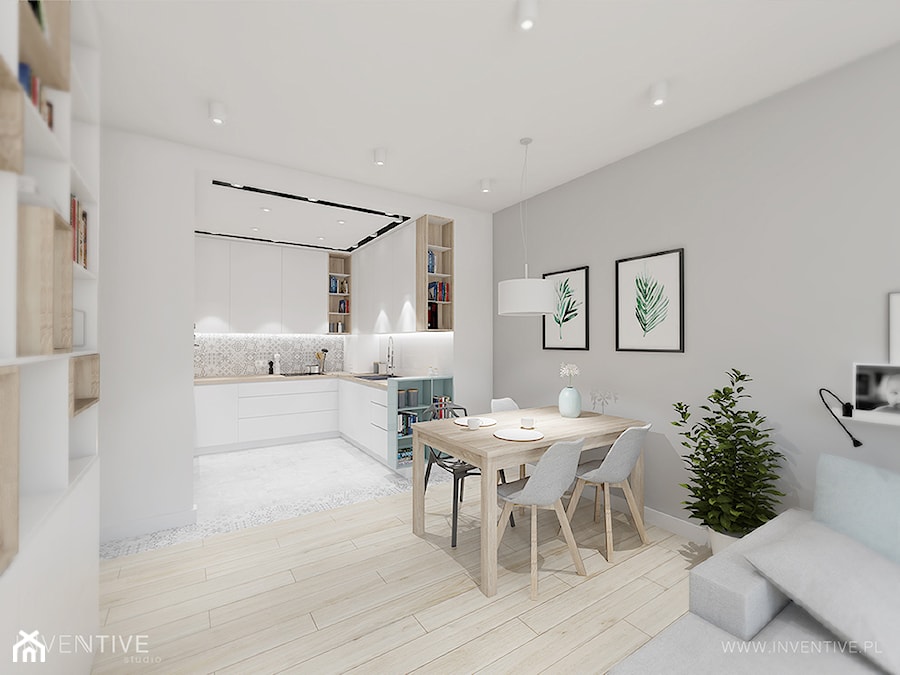 pasteLOVE - Średnia biała szara jadalnia w salonie w kuchni, styl skandynawski - zdjęcie od INVENTIVE studio