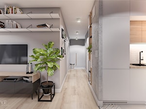 MIESZKANIE KRAKÓW - Średni szary salon z kuchnią z bibiloteczką, styl minimalistyczny - zdjęcie od INVENTIVE studio