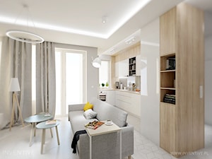 GEOMETRYCZNIE z pastelową nutą - Mały biały salon z kuchnią z tarasem / balkonem z bibiloteczką, styl skandynawski - zdjęcie od INVENTIVE studio