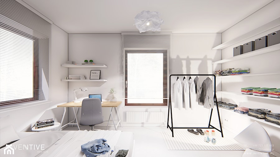 GDYNIA - Średnia szara z biurkiem sypialnia, styl minimalistyczny - zdjęcie od INVENTIVE studio