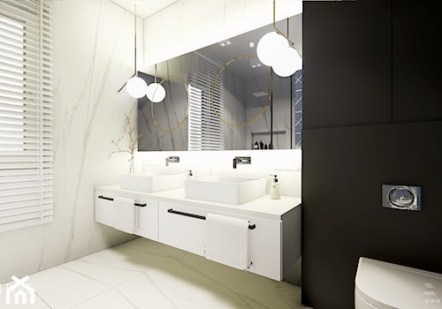 MAKÓW MAZOWIECKI - Średnia z lustrem z dwoma umywalkami z marmurową podłogą z punktowym oświetleniem łazienka z oknem, styl nowoczesny - zdjęcie od INVENTIVE studio
