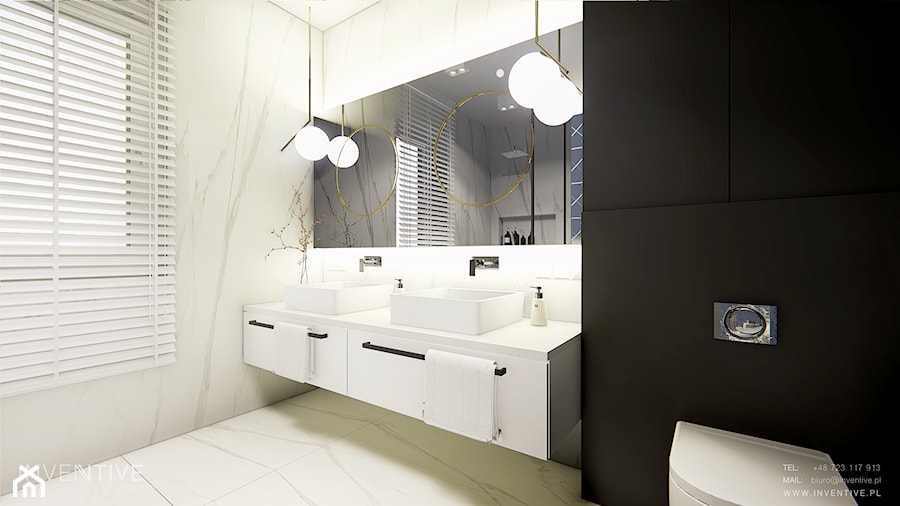 MAKÓW MAZOWIECKI - Średnia z lustrem z dwoma umywalkami z marmurową podłogą z punktowym oświetleniem łazienka z oknem, styl nowoczesny - zdjęcie od INVENTIVE studio