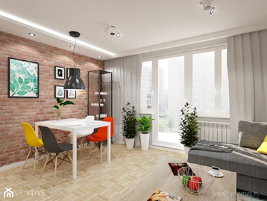 RETRO AKCENTY - Średni biały salon z jadalnią z tarasem / balkonem, styl nowoczesny - zdjęcie od INVENTIVE studio