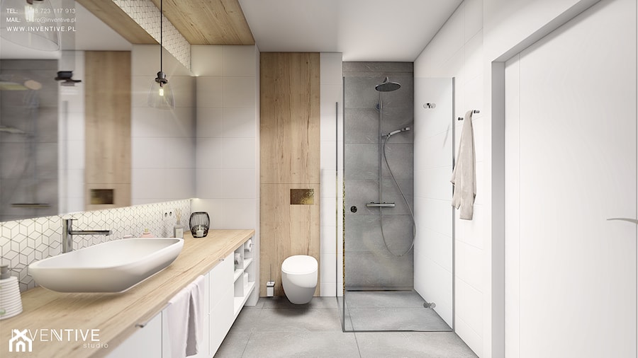 MIESZKANIE URSUS - Duża bez okna z lustrem łazienka, styl nowoczesny - zdjęcie od INVENTIVE studio