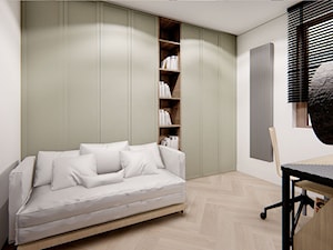 APARTAMENT Z ZAOKRĄGLONYMI NAROŻNIKAMI - Średnie w osobnym pomieszczeniu z sofą szare biuro, styl minimalistyczny - zdjęcie od INVENTIVE studio