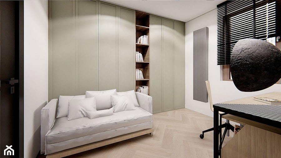 APARTAMENT Z ZAOKRĄGLONYMI NAROŻNIKAMI - Średnie w osobnym pomieszczeniu z sofą szare biuro, styl minimalistyczny - zdjęcie od INVENTIVE studio
