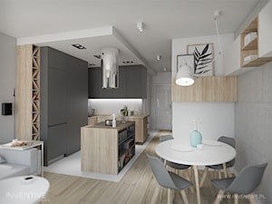 MĘSKI PUNKT WIDZENIA - Średnia otwarta z salonem szara z zabudowaną lodówką kuchnia w kształcie litery l z wyspą lub półwyspem, styl minimalistyczny - zdjęcie od INVENTIVE studio