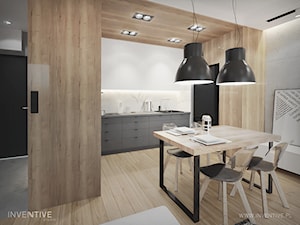 HARMONIJNIE - Średnia otwarta z salonem biała z zabudowaną lodówką z lodówką wolnostojącą z nablatowym zlewozmywakiem kuchnia jednorzędowa, styl nowoczesny - zdjęcie od INVENTIVE studio