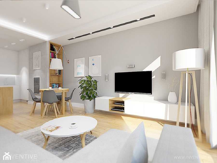 PRZYTULNY MINIMALIZM - Średni szary salon z jadalnią, styl minimalistyczny - zdjęcie od INVENTIVE studio