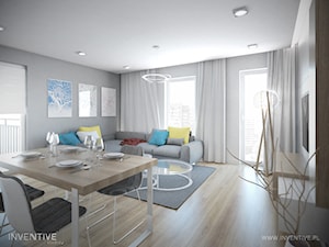 WESOŁY MINIMALIZM - Średni biały szary salon z jadalnią z tarasem / balkonem, styl minimalistyczny - zdjęcie od INVENTIVE studio