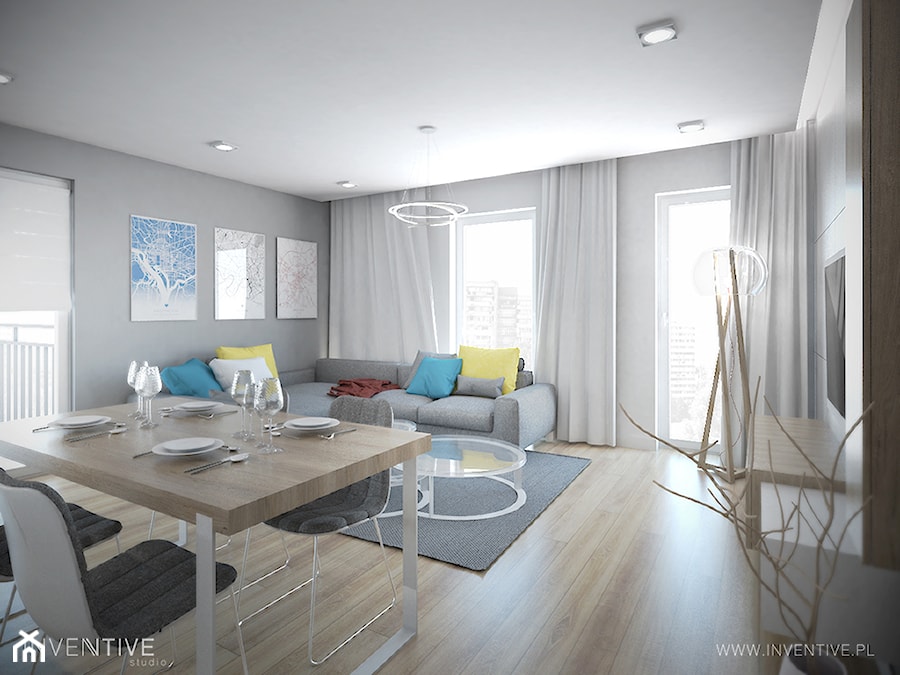 WESOŁY MINIMALIZM - Średni biały szary salon z jadalnią z tarasem / balkonem, styl minimalistyczny - zdjęcie od INVENTIVE studio