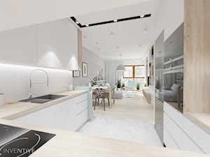 pasteLOVE - Średnia z salonem biała z zabudowaną lodówką z podblatowym zlewozmywakiem kuchnia w kształcie litery u, styl skandynawski - zdjęcie od INVENTIVE studio