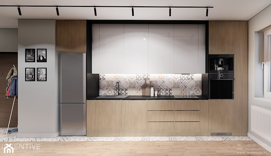 MIESZKANIE WOLA - Średnia otwarta z kamiennym blatem szara z zabudowaną lodówką z nablatowym zlewozmywakiem kuchnia jednorzędowa z oknem, styl skandynawski - zdjęcie od INVENTIVE studio